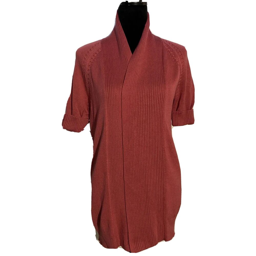 Talbots Cardigan SMALL Salmon Red Sweater Short Sl Open Front Long Length